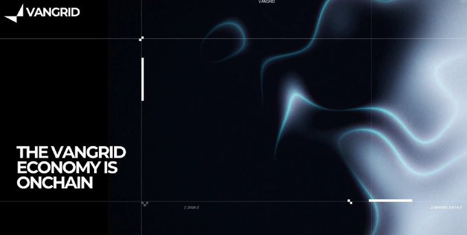 A promotional graphic with a dark blue background displays the 'VANGRID' logo and the text 'THE VANGRID ECONOMY IS ONCHAIN' alongside abstract blue light designs.