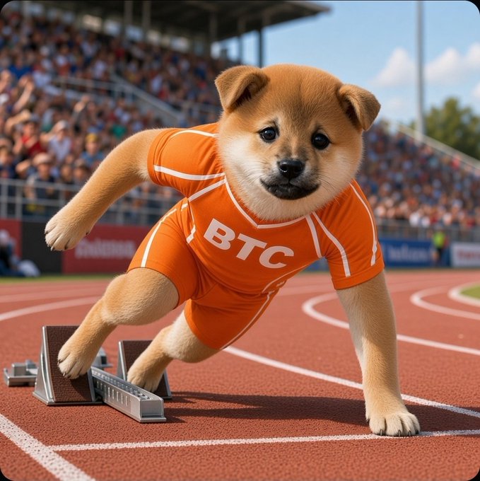 A digital illustration shows a Shiba Inu puppy wearing an orange athletic uniform with 'BTC' printed on it, bursting out of starting blocks on a racing track.