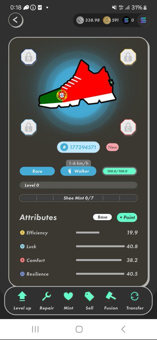 The image shows a phone screen displaying an app interface with a red shoe as the main focus, along with other elements such as a blue circle containing a number "3" and a green circle containing a number "19". The background of the image is black, which contrasts with the red shoe in the center. The text on the screen reads: "全力で応援する #STEPN", indicating that there are two steps to complete for this app.