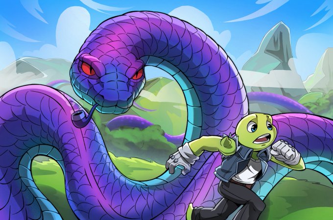 A digital illustration shows a green turtle-like character running away from a large purple snake with red eyes.