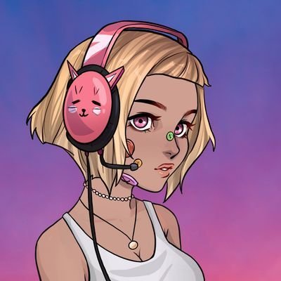 An anime-style illustration depicts a blonde woman wearing pink cat-ear headphones with a kawaii face design and a microphone headset.