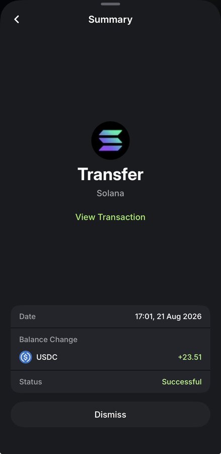 A Solana wallet transaction summary showing a successful transfer with a balance change of +23.51 USDC, timestamped 17:01, 21 Aug 2026. The image relates to the post by serving as visual proof of a crypto transfer ("seeping"), with the celebratory "WAGMI" sentiment fitting the successful status of the transaction.