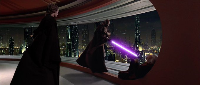 A scene from Star Wars: Revenge of the Sith showing Anakin Skywalker wielding a purple lightsaber over Count Dooku in a windowed chamber overlooking a city.