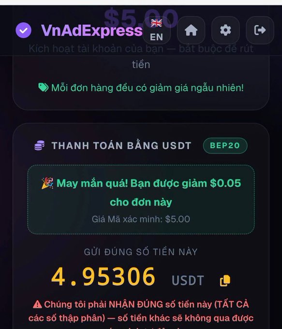 A screenshot of the VnAdExpress payment page showing a payment of 4.95306 USDT (BEP20) for a $5.00 order, with text in Vietnamese including 'THANH TOÁN BẰNG USDT' and 'Kích hoạt tài khoản của bạn'.