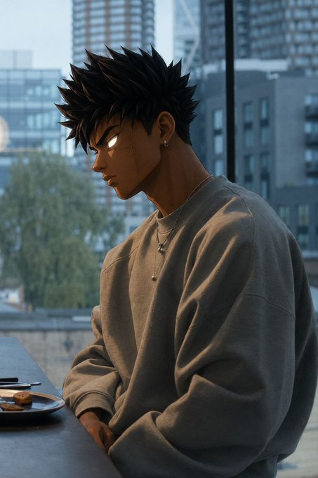 A young man with spiky black hair, glowing white eyes, and a gray sweatshirt sits at a table near a window with a cityscape view.