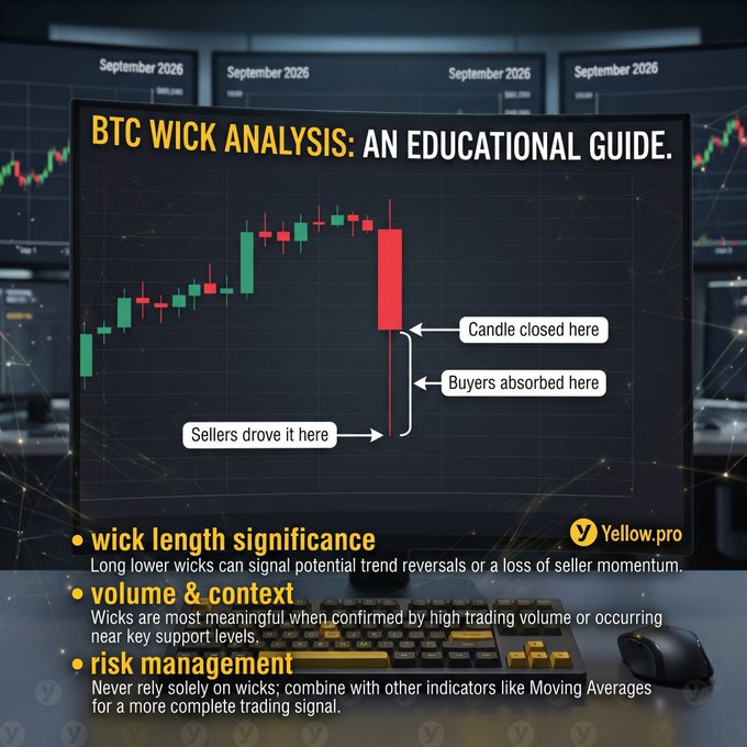 An educational infographic from Yellow.pro titled 'BTC WICK ANALYSIS: AN EDUCATIONAL GUIDE' showing a candlestick chart with annotations: 'Sellers drove it here', 'Buyers absorbed here', and 'Candle closed here', along with bullet points on 'wick length significance', 'volume & context', and 'risk management'.