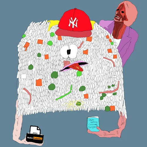 A quirky, abstract digital illustration features a fuzzy white rectangular character wearing a red New York Yankees cap with scattered colorful shapes, alongside a red-faced figure in a purple suit holding a blue drink.