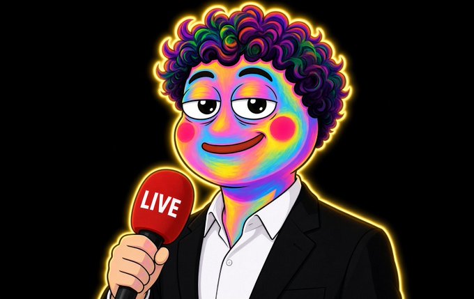 A vibrant, psychedelic cartoon illustration of a man with curly multicolored hair holding a red microphone labeled "LIVE," wearing a black suit against a black background.