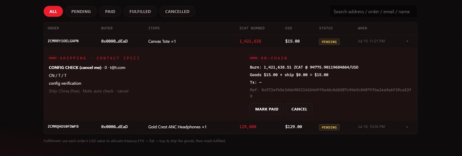An order management dashboard showing pending orders including a Canvas Tote for 15.00 USD and Gold Crest ANC Headphones for 129.00 USD.