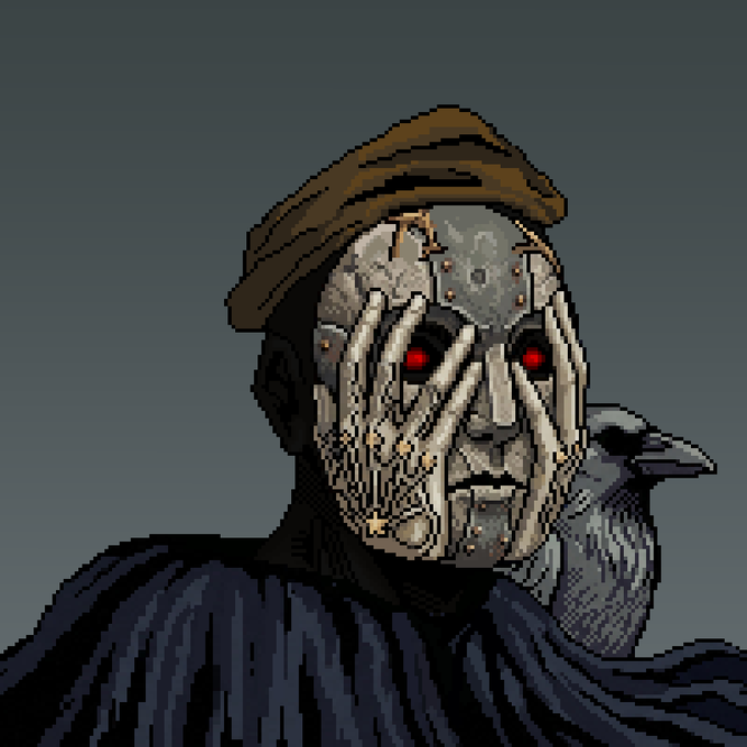A pixel art illustration depicts a menacing figure wearing a brown cap and a metallic mask with glowing red eyes, with a raven perched on their shoulder against a dark background.