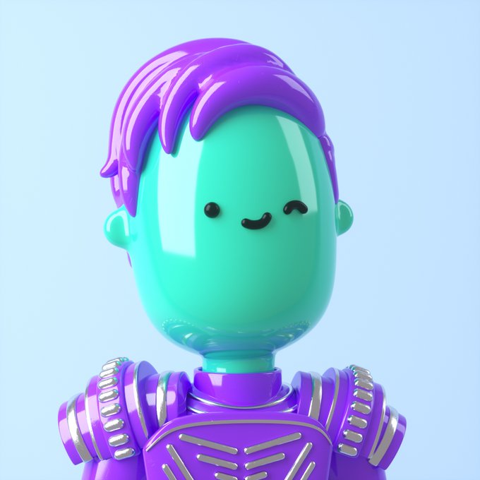 A 3D rendered, glossy cartoon character with a teal face, a winking smile, and purple hair and armor against a light blue background.