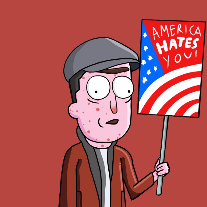 Cartoon illustration of a man with acne wearing a flat cap and brown jacket, holding a sign featuring an American flag design with the text 'AMERICA HATES YOU'.