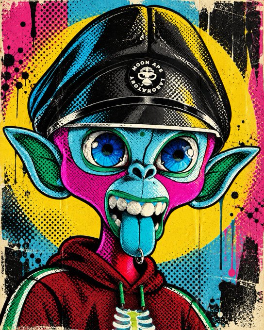 A vibrant, pop-art style illustration of a blue-skinned creature with large eyes, pointed ears, and a protruding tongue, wearing a black cap labeled 'MOON ARE MONKEYS'.