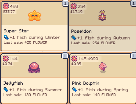 A marketplace listing for pixel-art marine NFTs including 'Super Star' ($33.77, last sale: 420 FLOWER), 'Poseidon' ($17.19), 'Jellyfish' ($9.74), and 'Pink Dolphin' ($9.05), each offering seasonal fishing bonuses.
