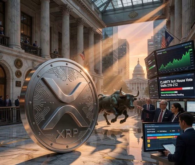 A large XRP cryptocurrency coin sits prominently in the foreground with the U.S. Capitol and Wall Street bull statue visible in the background, while traders examine screens displaying 'CLARITY Act: House Vote Stalls 218-212' amid financial market charts.