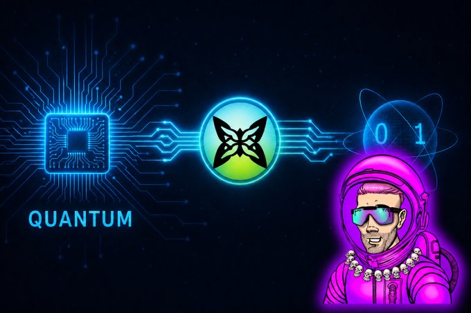 A neon digital illustration shows a glowing blue circuit board on the left labeled "QUANTUM" connecting to a central Quantum-style cat logo, with binary "0 1" code and a stylized astronaut in a pink spacesuit on the right, visually representing the post-quantum crypto protection offered by @quipnetwork.

**Text in image:** "QUANTUM" and binary digits "0 1"

**Relationship to post:** The image's "QUANTUM" branding and circuit/hacker aesthetic directly reinforce the post's warning about the quantum threat to crypto signatures, while the playful cat logo and astronaut visually promote @quipnetwork as the futuristic, accessible solution that adds post-quantum protection to existing wallets without migration.