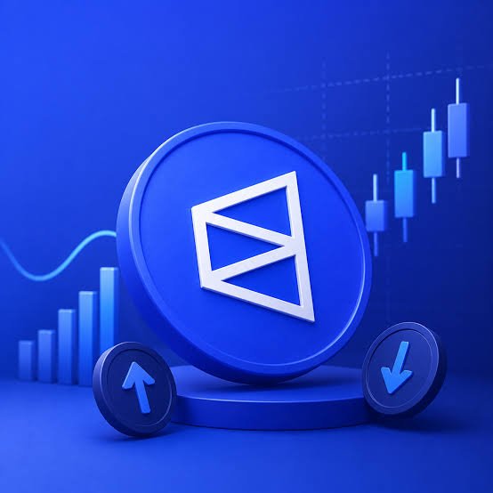 A 3D-rendered blue coin featuring the Aragon (ANT) logo, positioned between up and down arrow icons against a background of candlestick charts.