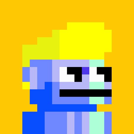 A pixel art illustration of a character with bright yellow hair, blue skin, and a wide smile against an orange background.