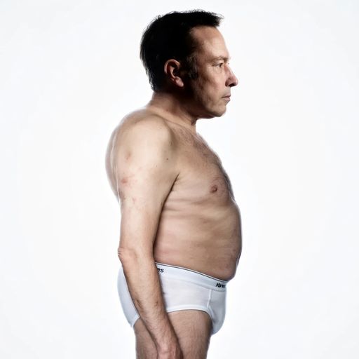 A side-profile photograph of a middle-aged man wearing only white underwear (branded 'NS'), showing his torso and arms against a plain white background.