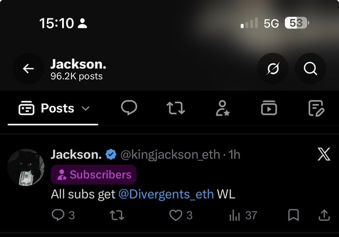 A screenshot of a tweet from Jackson (@kingjackson_eth) states "All subs get @Divergents_eth WL," directly illustrating the "only sub" concept by offering whitelist access exclusively to subscribers rather than the broader public.