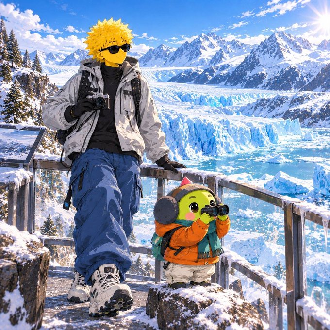 An anime-style illustration showing a spiky blonde-haired character in winter gear with a camera standing next to a small green creature wearing earmuffs and holding binoculars, both overlooking a snowy mountain landscape with a glacier.