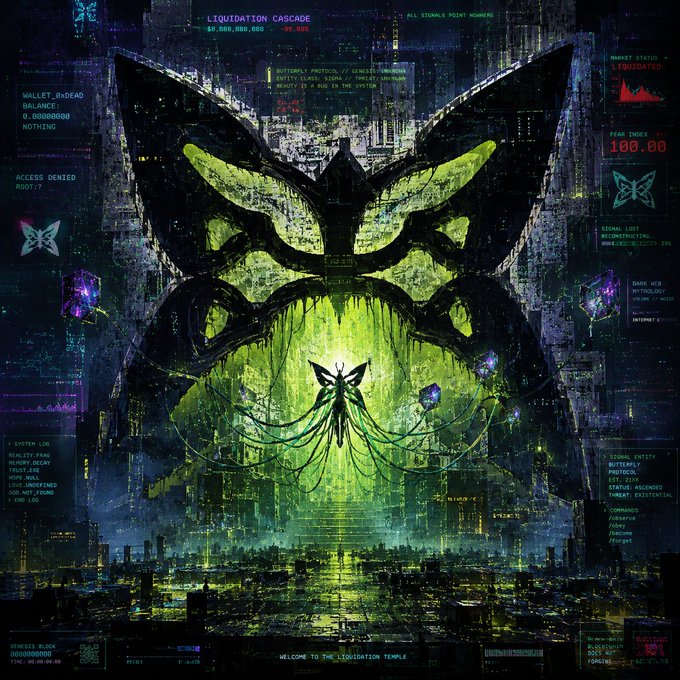 A cyberpunk-style digital artwork titled 'LIQUIDATION CASCADE' depicting a large glowing green butterfly over a futuristic city, with on-screen text showing '$8,000,000,000 -99.92%' and 'FEAR INDEX 100.00.'