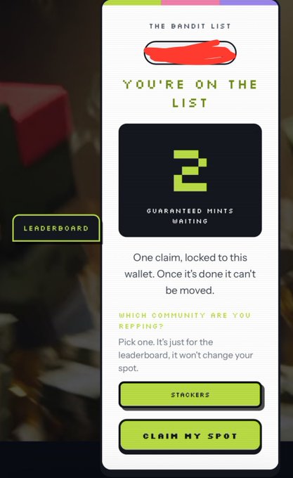The image shows "The Bandit List" confirmation screen displaying "YOU'RE ON THE LIST" with a large "2" indicating "GUARANTEED MINTS WAITING," alongside "Claim My Spot" and "Stackers" buttons. This confirms the post's claim that a Stackers holder secured a guaranteed mint spot from @playbandits, aligning with the celebratory tone about Stackers receiving GTD allocations.