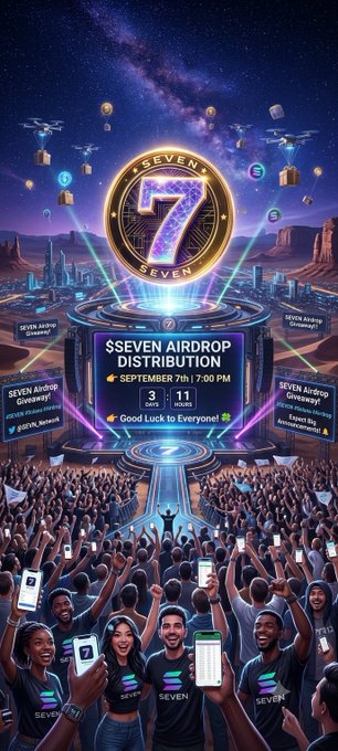 A vibrant digital event poster promotes the "$SEVEN Airdrop Distribution" with a central countdown to "September 7th 7:00 PM," featuring a large "7" emblem above an excited crowd holding phones, set against a futuristic cityscape with drones and crypto icons, perfectly matching the post's announcement of airdrop rewards being distributed on September 7th at 7:00 PM.