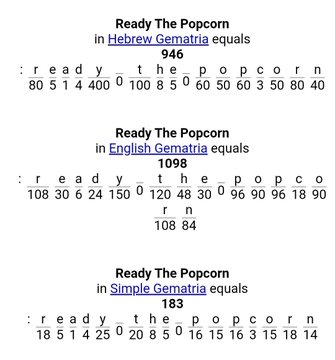A gematria calculator displays the numerical value of the phrase "ready the popcorn" as 946 in Hebrew, 1098 in English, and 183 in Simple Gematria, with each letter assigned a corresponding number in the calculations below each version.