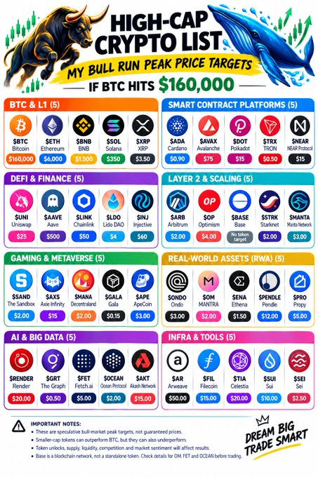 An infographic titled 'HIGH-CAP CRYPTO LIST - MY BULL RUN PEAK PRICE TARGETS IF BTC HITS $160,000' displays categories like BTC & L1, SMART CONTRACT PLATFORMS, DEFI & FINANCE, LAYER 2 & SCALING, GAMING & METAVERSE, REAL-WORLD ASSETS (RWA), AI & BIG DATA, and INFRA & TOOLS with various cryptocurrency tickers and price targets.