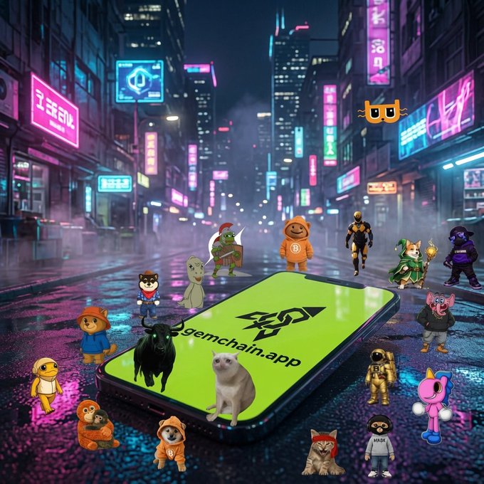 A vibrant, neon-lit cyberpunk cityscape at night featuring a glowing smartphone displaying 'gemchain.app' surrounded by various meme characters and avatars.
