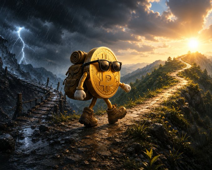 The image features a cartoon gold coin character walking down a path, wearing sunglasses and carrying a backpack. The scene takes place outdoors with mountains visible in the background under cloudy skies. The caption of the image reads "Nếu từ năm #DCA đều định thì hôm nay khóng có lãi".