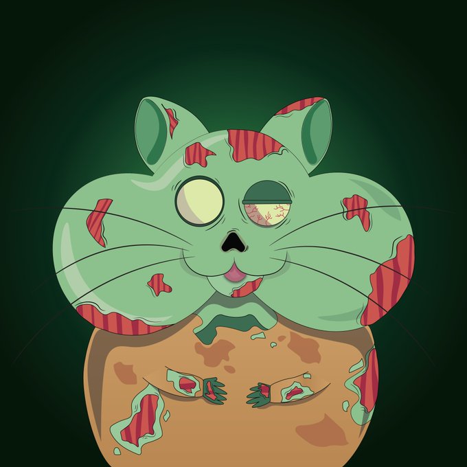 A cartoon illustration of a green cat-like creature with red patches, one large yellow eye and one closed eye, sitting inside a brown pot against a dark green background.