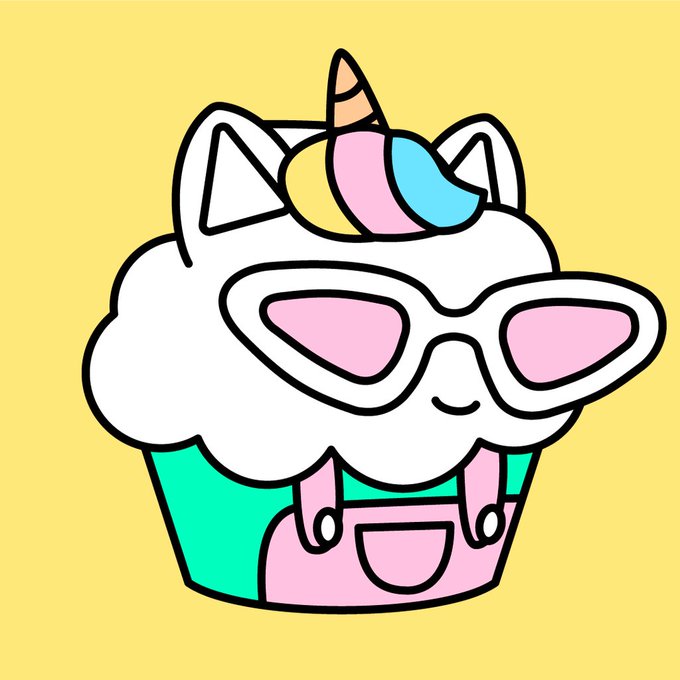 A cartoon illustration of a cute white cloud-like creature wearing pink sunglasses and pink overalls, topped with a swirl of pink and blue ice cream, set against a yellow background.