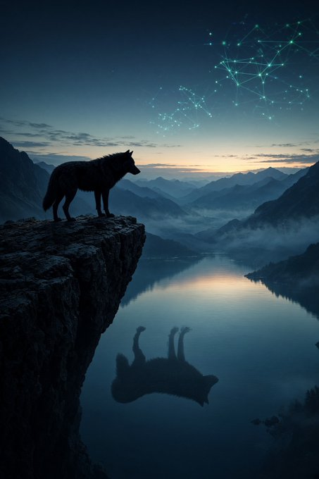 A silhouette of a wolf standing on a rocky cliff overlooking a misty lake at dusk, with a constellation pattern of connected green dots in the sky above.