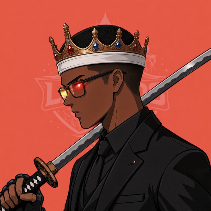 A stylized anime-style illustration depicts a king in a black suit wearing a crown and glowing red sunglasses, holding a katana over his shoulder, with the "Loom of Legends" crest subtly visible in the background—tying into the post's promotion of the @Loomoflegends Robinhood NFT collection.