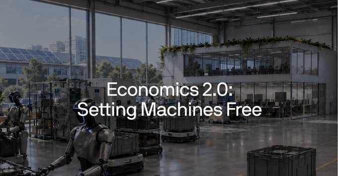 A futuristic industrial facility featuring humanoid robots, autonomous machinery, and solar panels is overlaid with the text "Economics 2.0: Setting Machines Free." The image visually reinforces the post's concept by depicting a network of automated machines and robots, representing the machine-to-machine economy where coordination fees remain within the diverse ecosystems (ETH, SOL, USDT) rather than being extracted into a single token like $PEAQ.