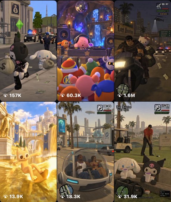 A collage of six San Andreas roleplay (GTA roleplay) gameplay screenshots showing scenes like a bank heist, nightclub with Kirby, a motorcyclist fleeing police in Los Santos, and characters relaxing at a golf course, with view counts (157K, 60.3K, 1.6M, 13.9K, 18.3K, 31.9K) and timestamps displayed—relating to the Instagram account @DreamFilesSol by showcasing popular GTA RP content featuring the $kitty and $cets characters noted in the post.