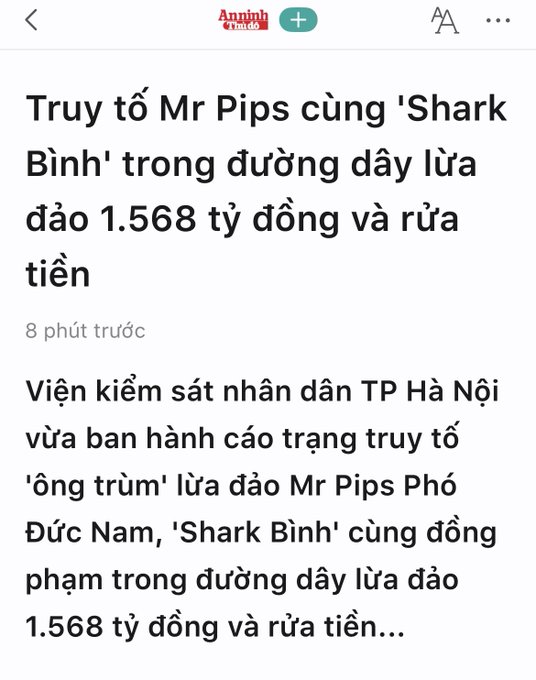 A Vietnamese news article from An ninh Thủ đô with the headline: 'Truy tố Mr Pips cùng Shark Bình trong đường dây lừa đảo 1.568 tỷ đồng và rửa tiền' (Prosecution of Mr Pips and Shark Binh in a fraud scheme of 1.568 trillion VND and money laundering).