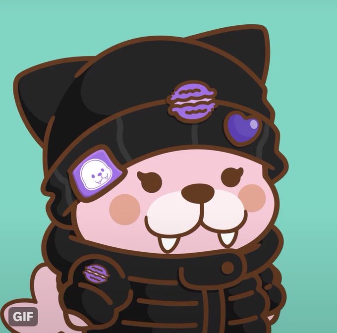 A cute cartoon cat character with pink cheeks, fangs, and a black hat and scarf featuring planet and cloud patches against a mint green background.
