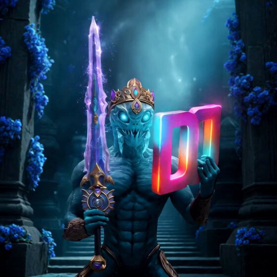 The image features a muscular man with blue skin, holding a sword and a large letter "D" that appears to be glowing. The background of the image is dark and filled with purple flowers, giving an impression of a mysterious or magical setting. The caption at the bottom of the image reads "We're Building something Great on the #FlareNetwork!".