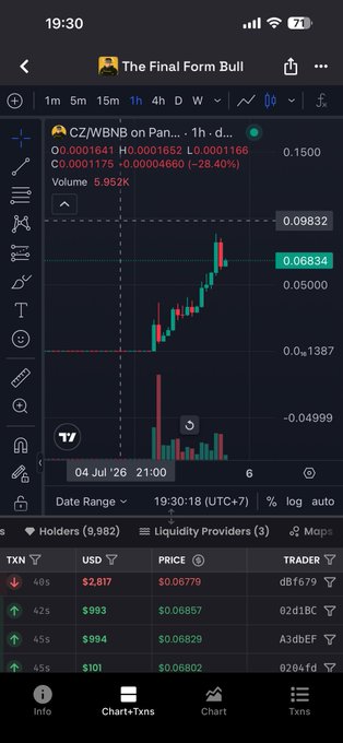 A TradingView-style cryptocurrency chart on a mobile app showing the CZ/WBNB trading pair with price around 0.06834, a 28.40% gain, and transaction history below listing holders and liquidity providers.