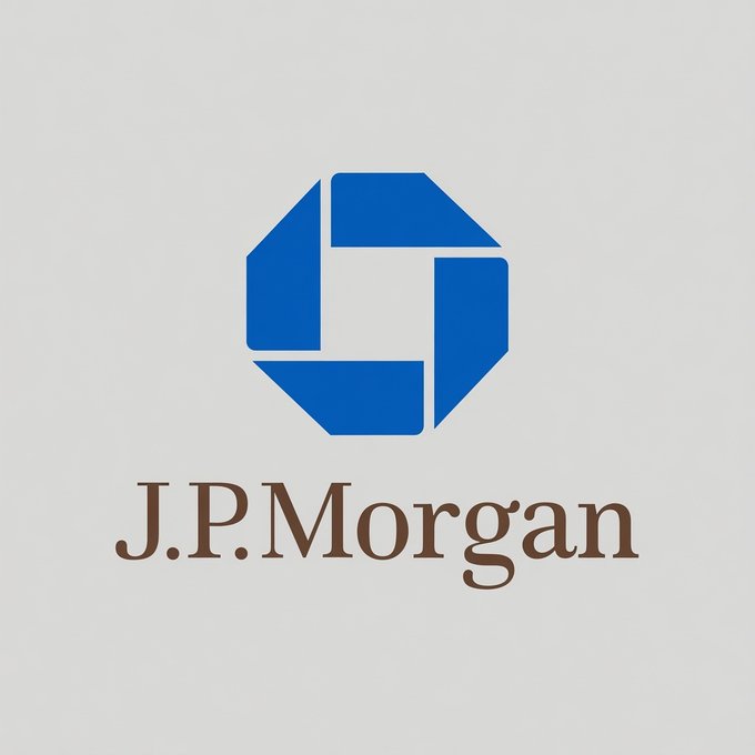 The blue octagonal logo of J.P.Morgan displayed in brown serif text on a light gray background.