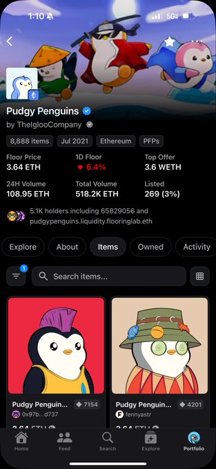 A screenshot of the Pudgy Penguins NFT collection on OpenSea showing floor price of 3.64 ETH, with 8,888 items listed by TheIglooCompany.