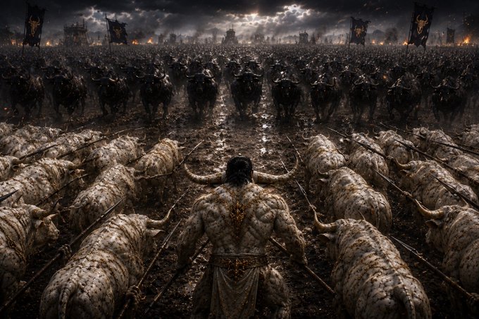 A muscular bull warrior stands with his back to the viewer, flanked by rows of white bulls, facing an overwhelming army of black bulls under stormy banners on a war-torn battlefield. The stark contrast of white versus black reinforces the post's narrative of white bulls rising to challenge the dominance of black bulls, with a crypto token address (9E2Q4KKxLS5Y4bu6RKvjg5wQ2kzaLkiVsMt7zwMZpump) hinting at a market shift.