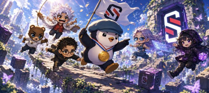 An anime-style illustration showing chibi characters flying through a fantasy floating city landscape with a penguin mascot holding a flag bearing the 'S' logo, surrounded by magical purple portals.