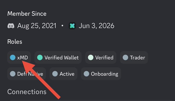 A screenshot of a Discord profile showing the "Member Since" dates (Aug 25, 2021 and Jun 3, 2026) and a "Roles" section where a newly assigned "xMD" badge is highlighted with a red arrow. This visually corresponds to the post announcing that @xStocksFi has been granted the xMD role in their Discord, marking a new top-level status in the community.
