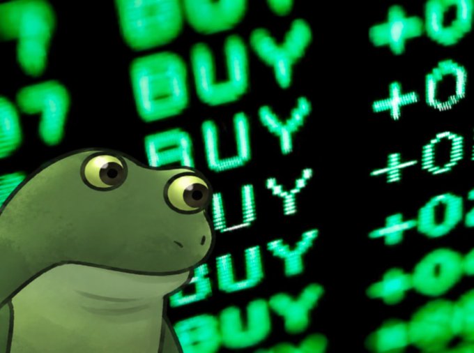 A meme-style image showing the 'stonks frog' looking at a screen filled with glowing green 'BUY' and '+$0' text.