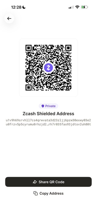 A mobile app screen showing a QR code and a Zcash shielded address beginning with 'u1v9h69srvhll7cs4qrrvvata3d23zlj16pzw30exwy03e2u8frzv5p5cyrumu0rhzjd2_rh7r035fas93jdtsv2uh08t'.