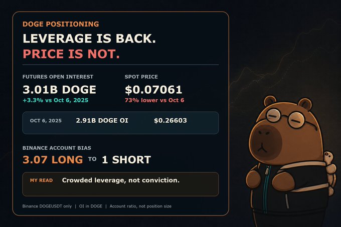 A 'DOGE POSITIONING' infographic noting 'LEVERAGE IS BACK. PRICE IS NOT.', showing futures open interest at 3.01B DOGE, spot price of $0.07061 (73% lower vs Oct 6), and a Binance long-to-short account ratio of 3.07:1, illustrated with a bespectacled hippo.
